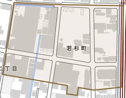 若杉町とその周辺の地図。町の範囲を重ねている
