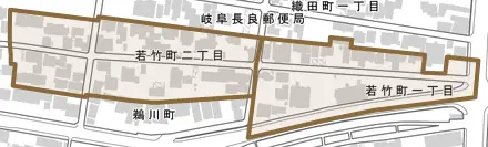 若竹町とその周辺の地図。町の範囲を重ねている
