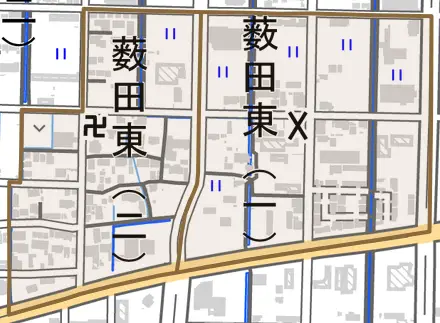 薮田東とその周辺の地図。町の範囲を重ねている