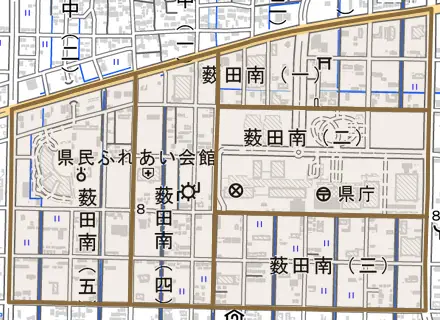 薮田南とその周辺の地図。町の範囲を重ねている