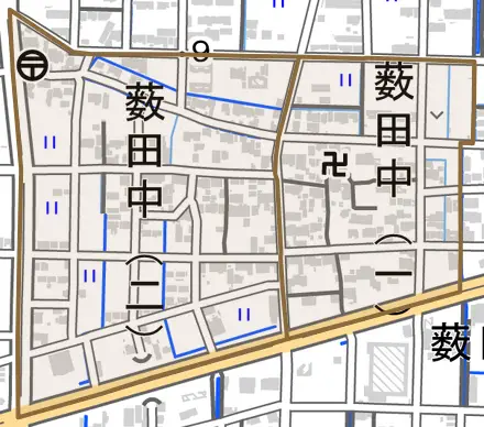薮田中とその周辺の地図。町の範囲を重ねている