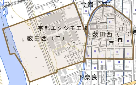 薮田西とその周辺の地図。町の範囲を重ねている