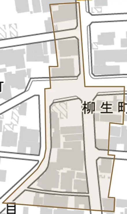 柳生町とその周辺の地図。町の範囲を重ねている