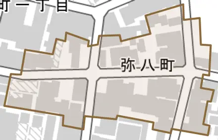 弥八町とその周辺の地図。町の範囲を重ねている