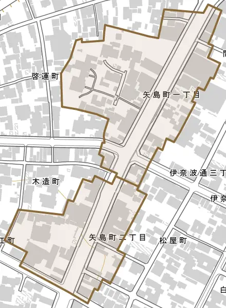 矢島町とその周辺の地図。町の範囲を重ねている