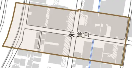 矢倉町とその周辺の地図。町の範囲を重ねている