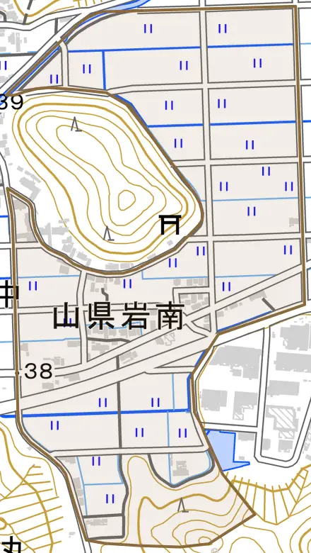 山県岩南とその周辺の地図。町の範囲を重ねている