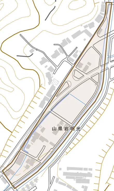 山県岩明光とその周辺の地図。町の範囲を重ねている