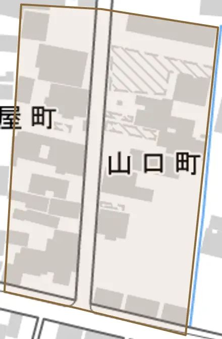 山口町とその周辺の地図。町の範囲を重ねている