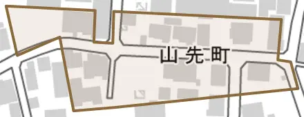 山先町とその周辺の地図。町の範囲を重ねている