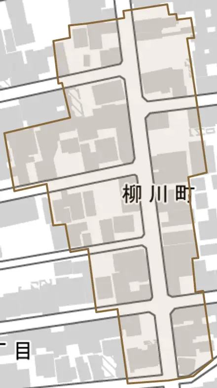柳川町とその周辺の地図。町の範囲を重ねている