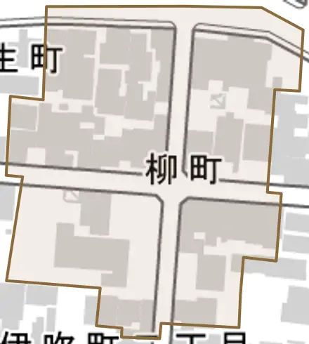 柳町とその周辺の地図。町の範囲を重ねている