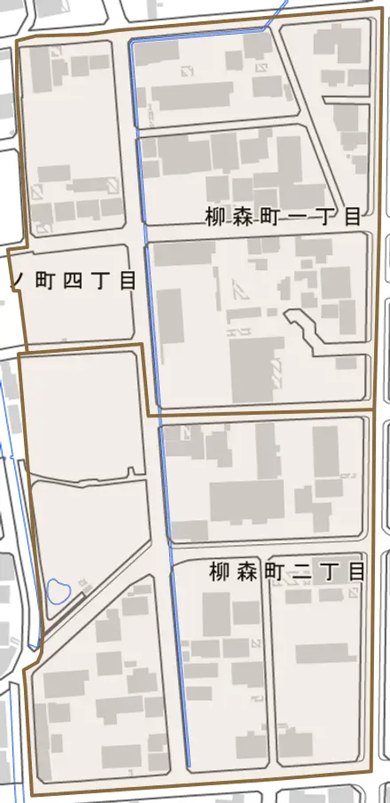 柳森町とその周辺の地図。町の範囲を重ねている