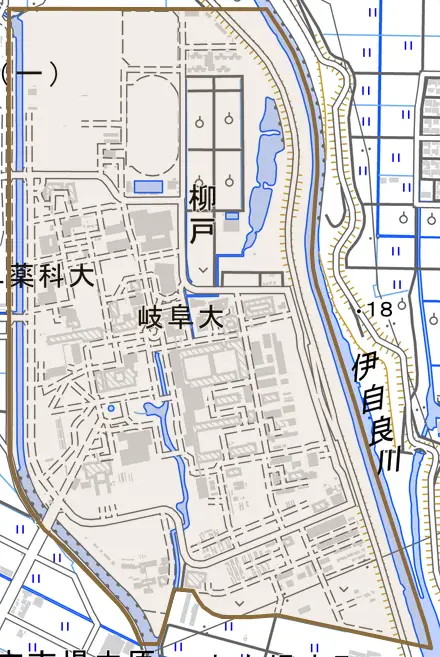 柳戸とその周辺の地図。町の範囲を重ねている