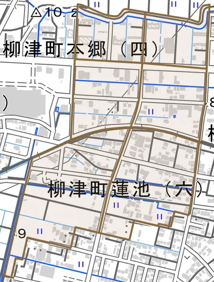 柳津町蓮池とその周辺の地図。町の範囲を重ねている