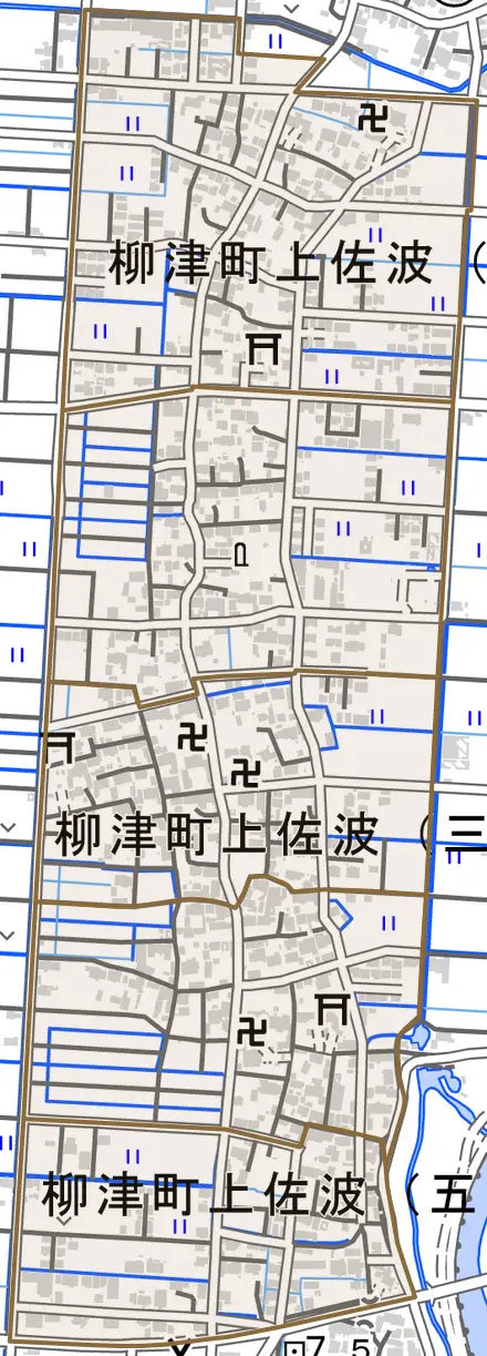 柳津町上佐波とその周辺の地図。町の範囲を重ねている
