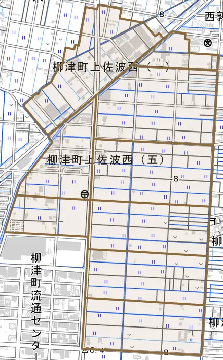 柳津町上佐波西とその周辺の地図。町の範囲を重ねている