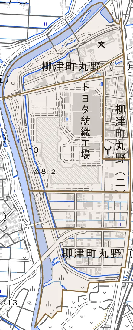 柳津町丸野とその周辺の地図。町の範囲を重ねている