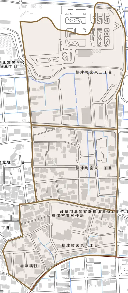 柳津町宮東とその周辺の地図。町の範囲を重ねている