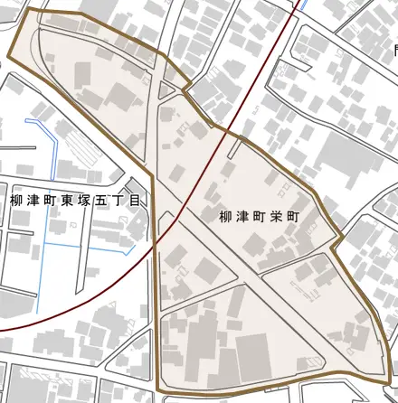 柳津町栄町とその周辺の地図。町の範囲を重ねている