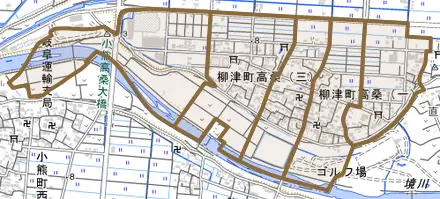 柳津町高桑とその周辺の地図。町の範囲を重ねている