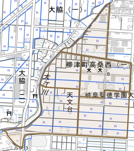 柳津町高桑西とその周辺の地図。町の範囲を重ねている