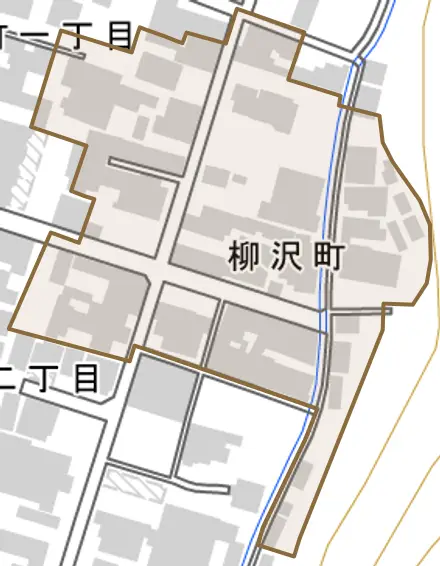 柳沢町とその周辺の地図。町の範囲を重ねている