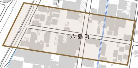 八島町とその周辺の地図。町の範囲を重ねている