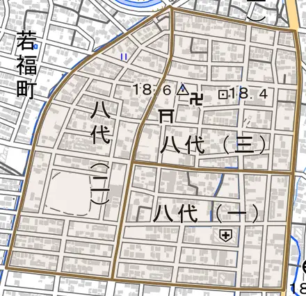 八代とその周辺の地図。町の範囲を重ねている