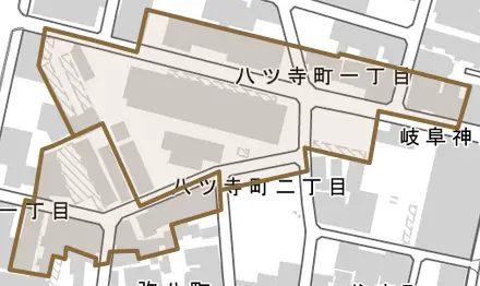 八ツ寺町とその周辺の地図。町の範囲を重ねている