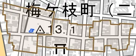 八ツ梅町とその周辺の地図。町の範囲を重ねている