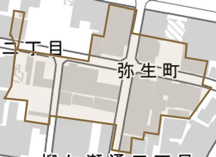 弥生町とその周辺の地図。町の範囲を重ねている