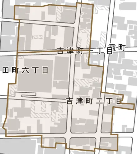 吉津町とその周辺の地図。町の範囲を重ねている