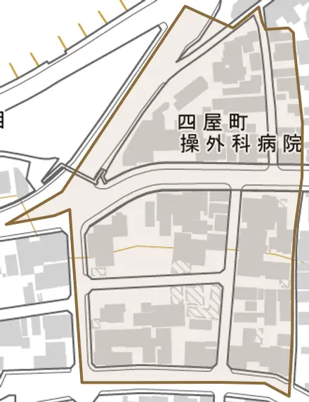 四屋町とその周辺の地図。町の範囲を重ねている
