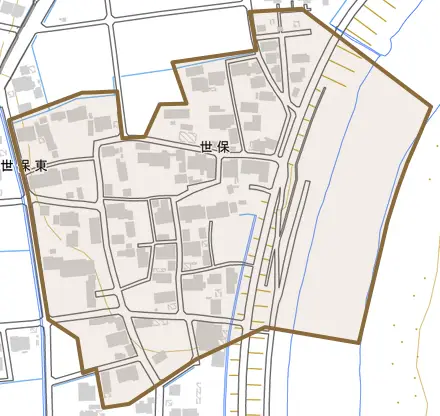 世保とその周辺の地図。町の範囲を重ねている