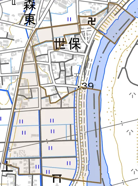 世保東とその周辺の地図。町の範囲を重ねている