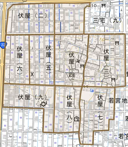 伏屋とその周辺の地図。町の範囲を重ねている