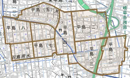 平島とその周辺の地図。町の範囲を重ねている