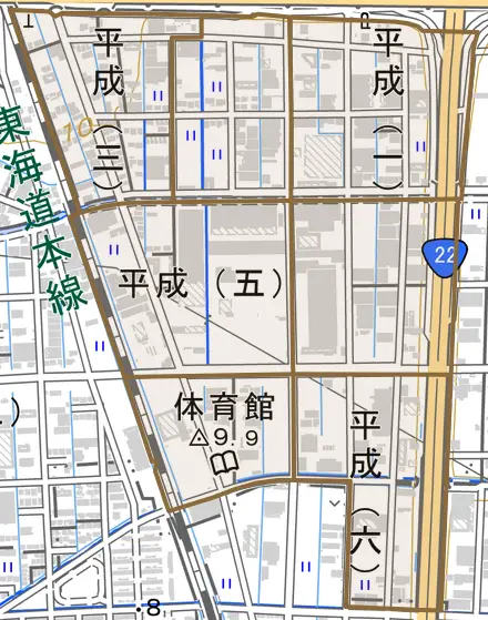 平成とその周辺の地図。町の範囲を重ねている