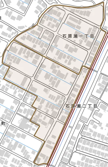 石原瀬とその周辺の地図。町の範囲を重ねている