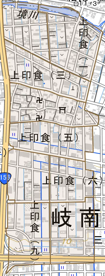 上印食とその周辺の地図。町の範囲を重ねている