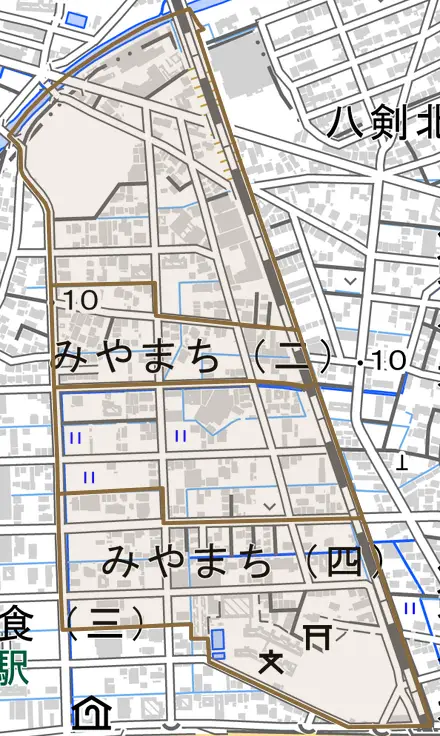 みやまちとその周辺の地図。町の範囲を重ねている