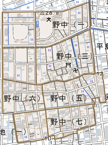 野中とその周辺の地図。町の範囲を重ねている