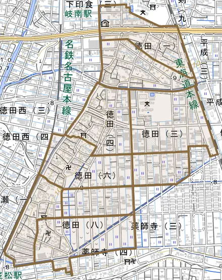 徳田とその周辺の地図。町の範囲を重ねている