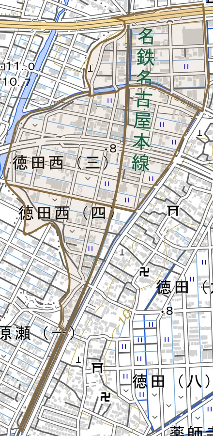 徳田西とその周辺の地図。町の範囲を重ねている