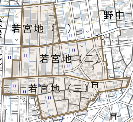 若宮地とその周辺の地図。町の範囲を重ねている