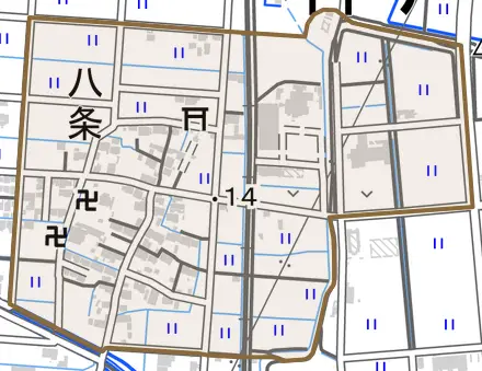大字八条とその周辺の地図。町の範囲を重ねている