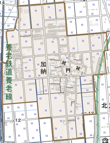 大字加納とその周辺の地図。町の範囲を重ねている
