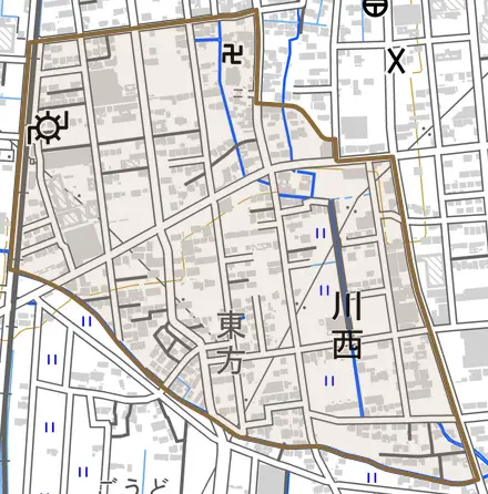 大字川西とその周辺の地図。町の範囲を重ねている