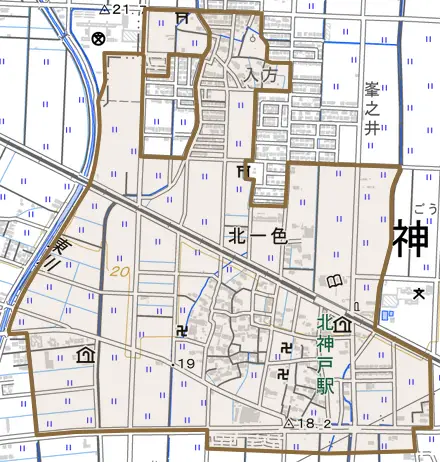 大字北一色とその周辺の地図。町の範囲を重ねている